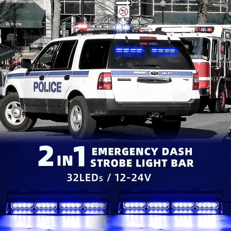PKINGLAKE 2 in 1 LED Emergency Dash Strobe Light Bar Front/Rear Windshield Safety Flashing Warning Hazard Interior Lights for Police Firefighter Construction Vehicles Trucks (2x14 inch, Blue/Blue) - Image 2